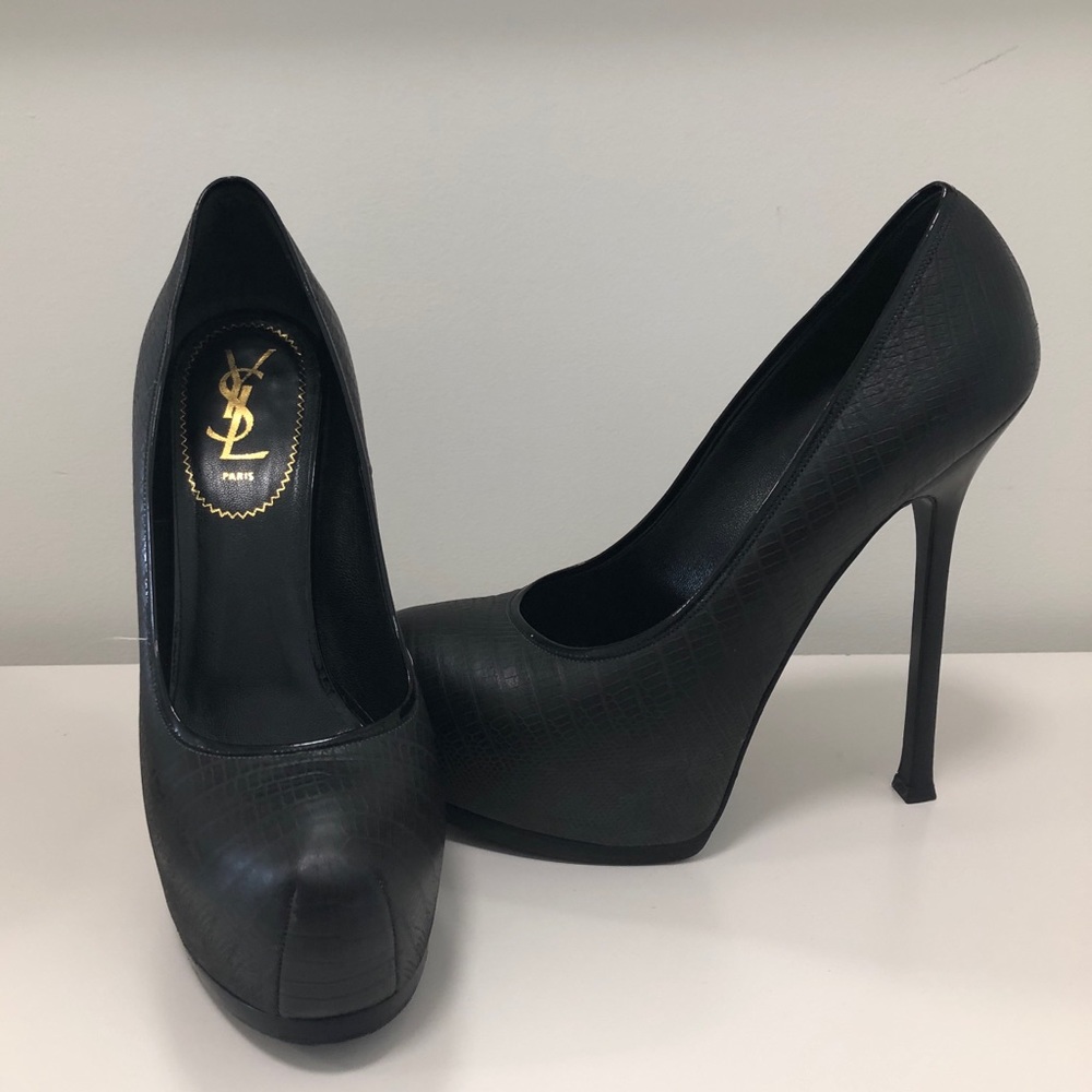 Saint Laurent Black Croc Printed Tribute Heels